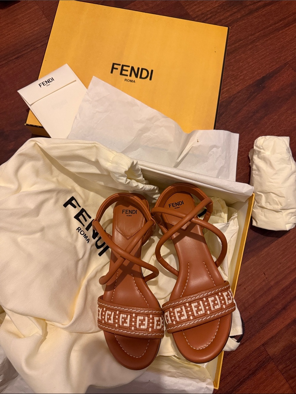 Fendi Brown Leather Crisscross Sandals with FF Jacquard Toe Band